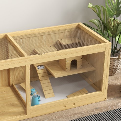 PawHut Wooden Hamster Cage with Water Bottle, Small Animal Exercise Play House with Platforms, Openable Roof, Sliding Tray, Hut, Seesaws, Natural Wood Finish