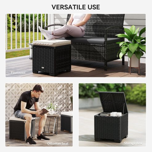 Outsunny Set of 2 Rattan Storage Ottoman, Outdoor Footstool with Removable Cushions, Garden Storage Seat for Balcony, Porch, Living Room, Cream White