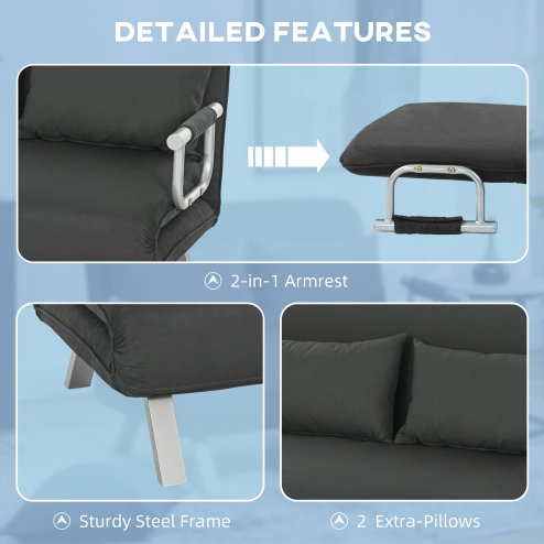 HOMCOM 2 Seater Sofa Bed, Click Clack Convertible Bed Settee, Modern Velvet Feel Fabric Sofa with 2 Cushions for Living Room, Bedroom, Guest Room