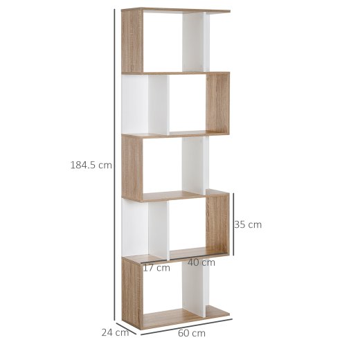 HOMCOM Bookcase, S-Shaped Wooden Bookshelf, 5/6 Tiers Freestanding Storage Shelf, Home Office Decorative Display Stand Rack, 24D x 60W x 184.5H