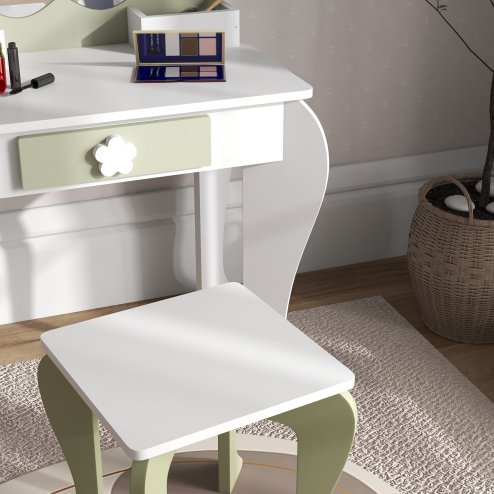 ZONEKIZ Dressing Table with Mirror and Stool, Kids Vanity Table with Drawer, Storage Boxes, Beauty Flower Design Girls Dressing Table for Ages 3-6 Years - White