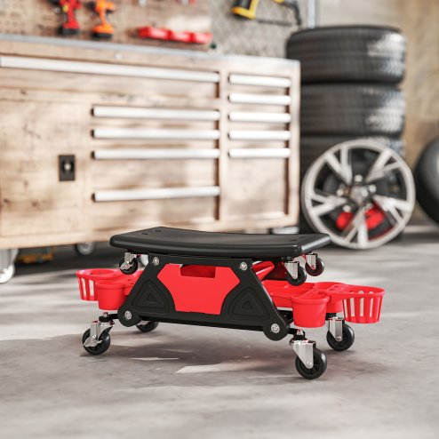 HOMCOM Rolling Mechanic Stool, 135kg Capacity Workshop Stool with 360 Swivel Wheels, Roller Creeper Seat with Slide Out Tool Trays, Drawer, Bottle Holders for Garage, Shop, Auto Repair, Red