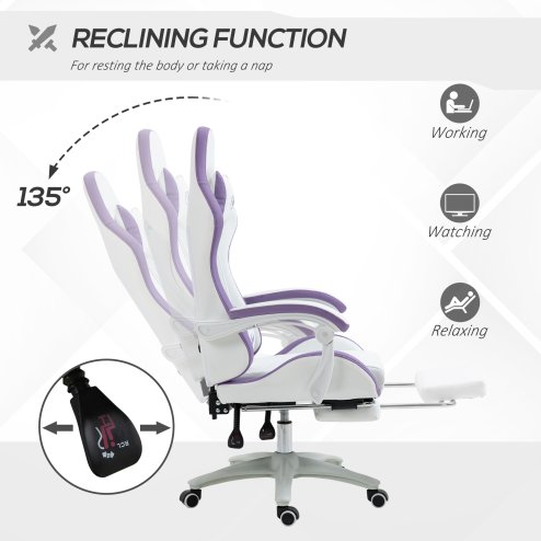Vinsetto Computer Gaming Chair, PU Leather Office Desk Chair with Footrest, Swivel Wheels, 135?? Reclining Back, Lumbar Support, Headrest for Home, White and Purple