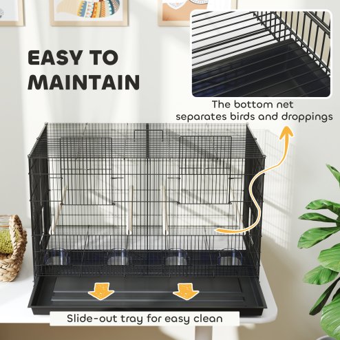 PawHut Bird Cage with Divider, Parrot Cage with 4 Wooden Perches, Slide Out Tray, 4 Feeders, for Budgie, Lovebird, Canary, Finches, 76 x 46 x 46cm, Black