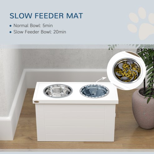 PawHut Raised Dog Bowls, Dog Feeding Station with Slow Feeder Mat, Storage Cabinet, 3 Stainless Steel Bowls, Semi-Auto Dispenser Function, for Large, Extra Large Breeds, White