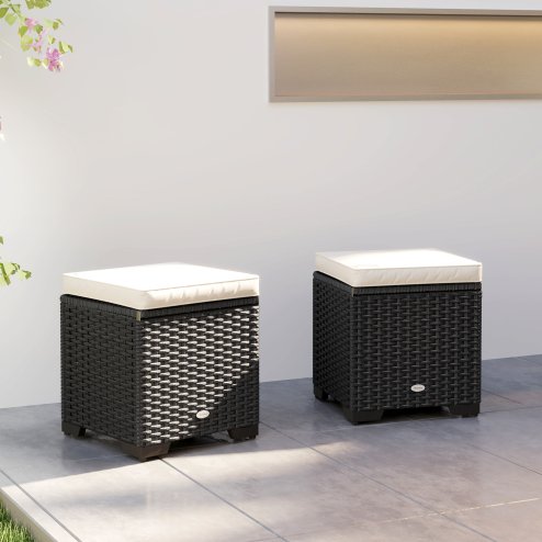 Outsunny Set of 2 Rattan Storage Ottoman, Outdoor Footstool with Removable Cushions, Garden Storage Seat for Balcony, Porch, Living Room, Cream White