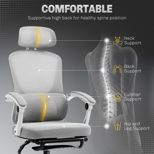HOMCOM Ergonomic Office Chair, Mesh High Back Desk Chair with Adjustable Lumbar Support and Headrest, Footrest, Reclining Executive Swivel Computer Chair for Home Study, Grey