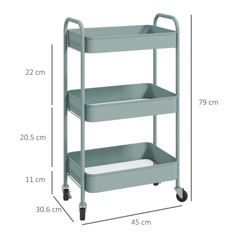 HOMCOM 3-tier Storage Trolley on Wheels, Metal Storage Cart, Rolling Ultility Cart with 3 Mesh Baskets for Living Room, Kitchen, Light Blue