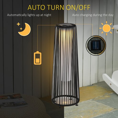 Outsunny Garden Rattan Lamp, 61 cm Tall Solar Rattan Floor Lamp, Solar Garden Light with Auto On/Off LED Light, IP44 Waterproof for Outdoor, Porch, Pathway, Terrace, Black