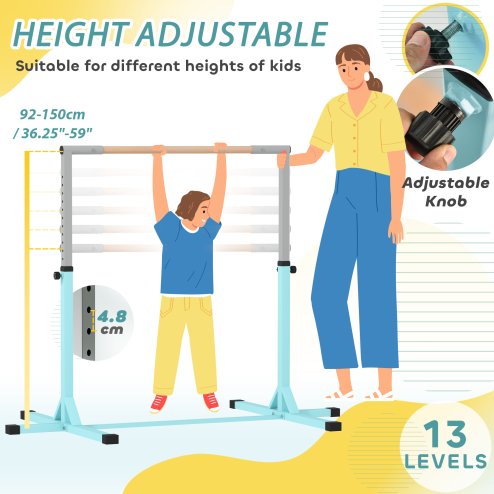 HOMCOM Height Adjustable Gymnastics Horizontal Bar For Kids Home Gym Training Children Junior Kip High Bar Fitness, Light Blue