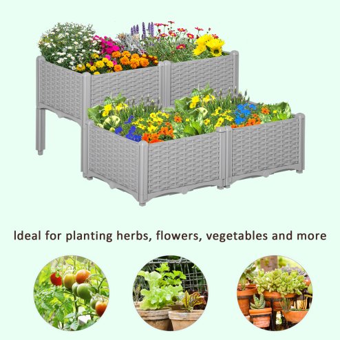 Outsunny Set of 4 26L Garden Raised Bed Elevated Patio Flower Plant Planter Box PP Vegetables Planting Container, Grey