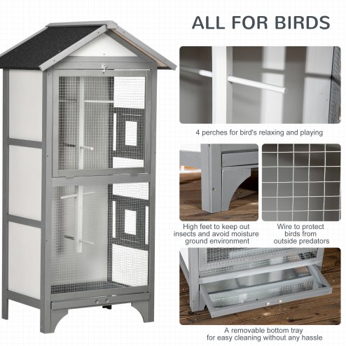 PawHut Wooden Bird Cage Budgie Cage Outdoor for Finch, Canary w/ Slide Tray, Asphalt Roof - Grey