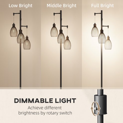 HOMCOM 3-Light LED Floor Lamp, 170cm Industrial Dimmable Standing Lamp with Steel Wire Cage Lampshades, 2700K for Living Room, Bedroom, Dining Room, Study, Black