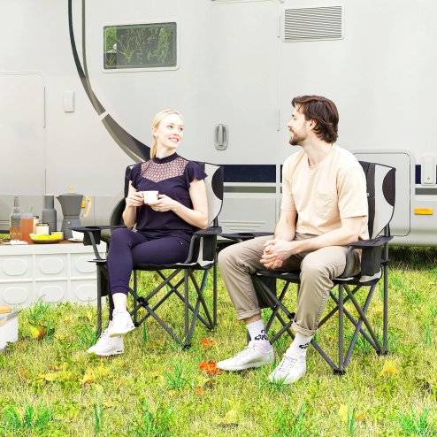 Outsunny Set of 2 Folding Camping Chairs, Padded Camping Chairs with Adjustable Armrests, Portable & Lightweight Folding Camp Chair with Cooler Bag, Cup Holder and Side Pockets, Black