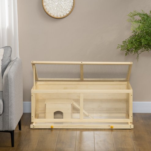 PawHut Wooden Hamster Cage, Small Animal Cage with Sliding Tray, Openable Top, Hut, Exercise Play House for Syrian Hamsters, Natural Wood Finish