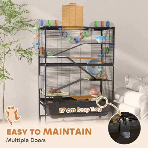 PawHut Hamster Cage, 5 Tier Large Gerbil Cage on Wheels with 17 cm Deep Tray, Storage Shelf, Big Exercise Wheel, Tube System, Hut, Platforms, Ramps, Food Dish, Water Bottle, for Syrian Hamsters, Rats