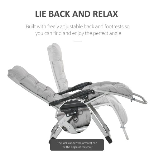 Outsunny 2 Piece Reclining Zero Gravity Chair Metal Frame Folding Garden Sun Lounger with Cushion Headrest, Light Grey