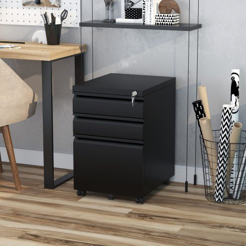 Vinsetto 3-Drawer Filing Cabinet with Lock, Mobile Steel File Cabinet for A4, Legal and Letter Size, Under Desk Drawers with Pre-Assembled Body for Home Office, 39 x 48 x 60 cm, Black