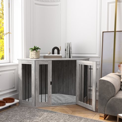 PawHut Dog Crate Furniture, Side Table Dog Kennel with Cushion, Large Door, for Large Dogs - Grey