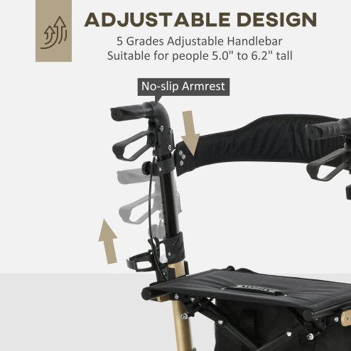 HOMCOM Folding Rollator with Cane Holder, Adjustable Handle Height and Aluminum Frame, 4 Wheeled Mobility Walker with Seat and Bag, Gold