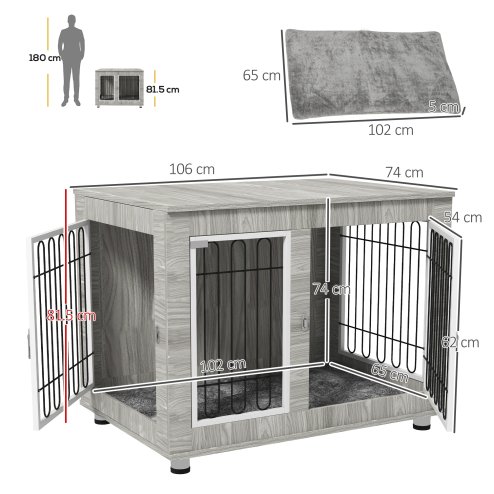 PawHut Dog Crate Furniture, Side End Table, Indoor Dog Kennel with Soft Washable Cushion, Wire Mesh, Large Top, for Large Dogs, 106 x 74 x 81.5, Grey