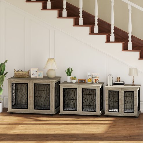 PawHut Dog Crate Furniture, Dog Cage with Soft Washable Cushion, Furniture-Style Pet Kennel Indoor House End Side Table for Small Medium Breeds, 80 x 56 x 63 cm, Grey