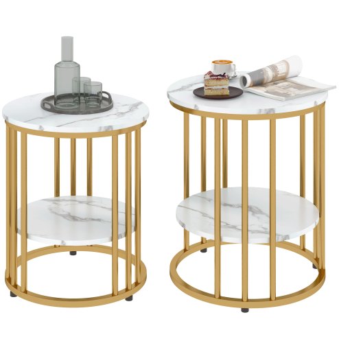 HOMCOM Round Coffee Table Set of 2, Marble-Effect Side Tables with Storage Open Shelf and Steel Frame for Living Room, Bedroom, Gold Tone