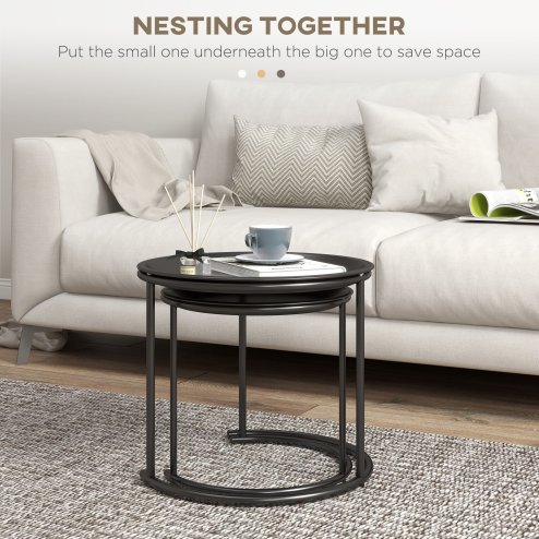 HOMCOM Nesting Tables Set of 2, Side End Table with Removable Tabletop Tray and Steel Frame for Living Room, Bedroom, Black