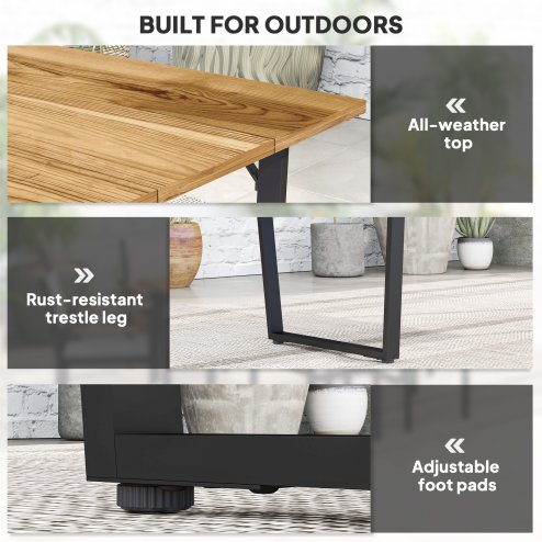 Outsunny Garden Table with Parasol Hole, 175 x 80 cm Rectangle Outdoor Dining Table for 6 with 5 cm Parasol Hole and Wood Slatted Top for Balcony, Terrace, Brown