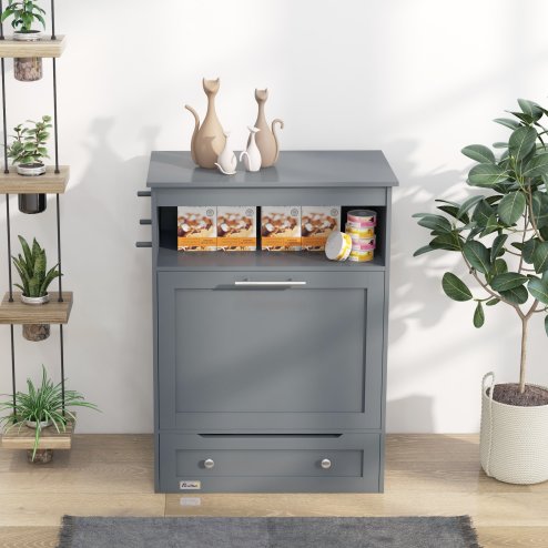 PawHut Pet Feeder Station, Dog Food Storage Container w/ Raised Dog Bowls, Hanger, for Food and Water - Grey