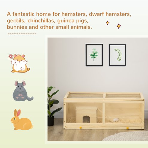 PawHut Wooden Hamster Cage, Small Animal Cage with Sliding Tray, Openable Top, Hut, Exercise Play House for Syrian Hamsters, Natural Wood Finish