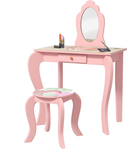ZONEKIZ Kids Dressing Table, Girls Vanity Table Cute Animal Design with Mirror, Stool, Desk, Drawer for Kids Room, Bedroom, Nursery, 3-6 Years Old, Pink