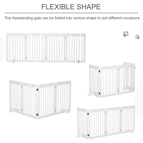 PawHut Freestanding Pet Gate 4 Panel Dog Barrier Folding Safety Fence with Support Feet up to 204cm Long 75cm Tall for Doorway Stairs, White
