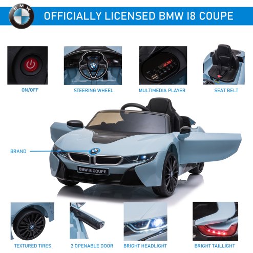 HOMCOM BMW I8 Coupe Licensed 6V Electric Car for Kids with Parent Remote Control, Kids' Electric Ride-on with Suspension Wheels, MP3, Music, Horn, LED Lights, for 3-8 Years Old, Blue