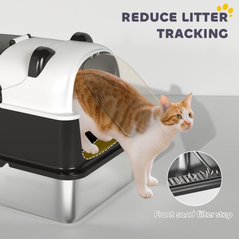 PawHut XL Stainless Steel Litter Box with Lid, Extra Large Enclosed Litter Tray with Scoop & 180 Flip Front Cover, Anti-Leakage, Non-Sticky, Non-Odour, Easy Cleaning, for Big Cats, Panda Style