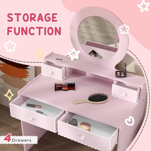 AIYAPLAY Kids Dressing Table Set with Stool and Mirror, Make up Set with Storage Drawers, Kids Vanity Table Gift for Aged 3-8 Years Old - Pink