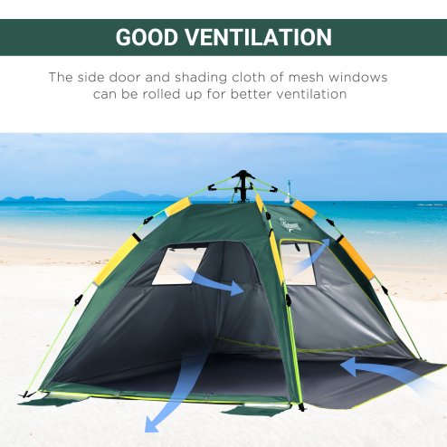 Outsunny 2 Man Pop-up Tent Beach Tent Sun Shelter w/ Windows Doors Hook Sandbags UV Protection Waterproof Outdoor Adventure Garden, Green
