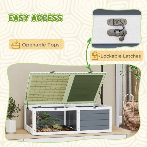 PawHut Tortoise House, Wooden Tortoise Table, Tortoise Enclosure with Adjustable Lamp Holder, Openable Lids, Pull-Out Trays - Grey