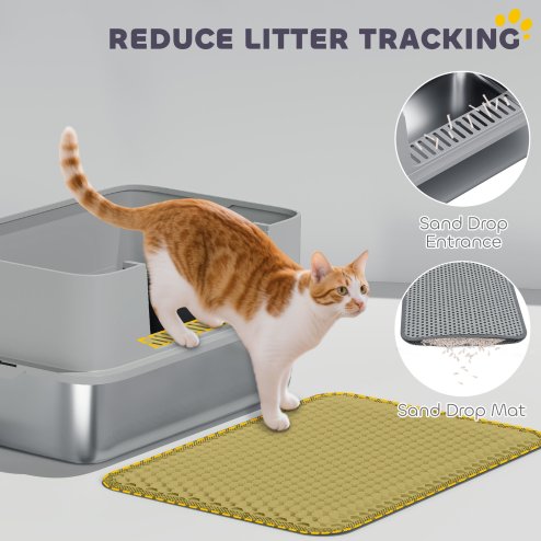 PawHut Stainless Steel Litter Box, High Sided Cat Litter Tray with Metal Scoop, Mat, Never Absorbs Odors, Anti Leakage & Easy to Clean, Pet Toilet for Big Cats, Grey