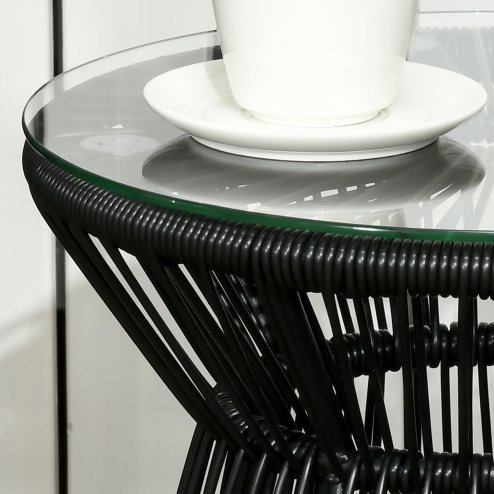Outsunny Outdoor Coffee Table, Round PE Rattan Side Table with Tempered Glass Table Top, Hollow Drum Design for Garden, Balcony, Patio, Black