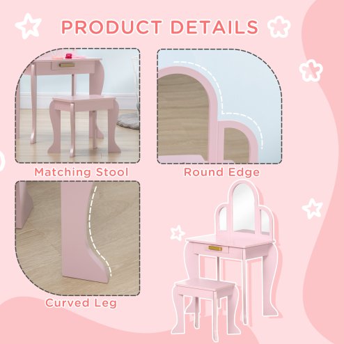 HOMCOM Kids Dressing Table and Stool Kids Vanity Set Makeup Desk w/ Mirror, Drawer, for Ages 3-6 Years - Pink