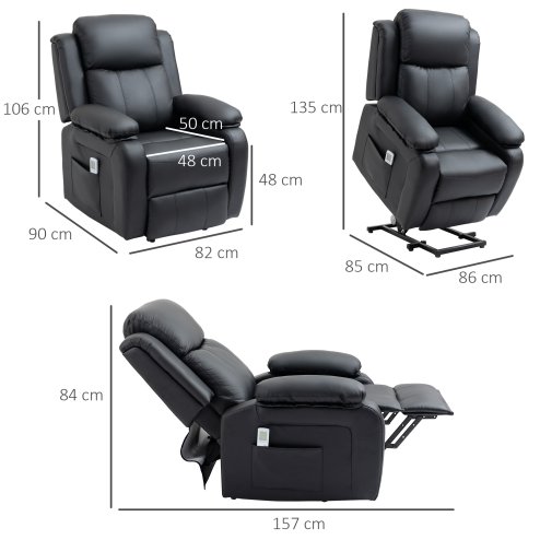 HOMCOM Riser and Recliner Chair with Massage, Power Lift Recliner Chair for Elderly with Remote Control, Extended Footrest, Dual Side Pockets, Overstuffed Electric Reclining Armchair, Black