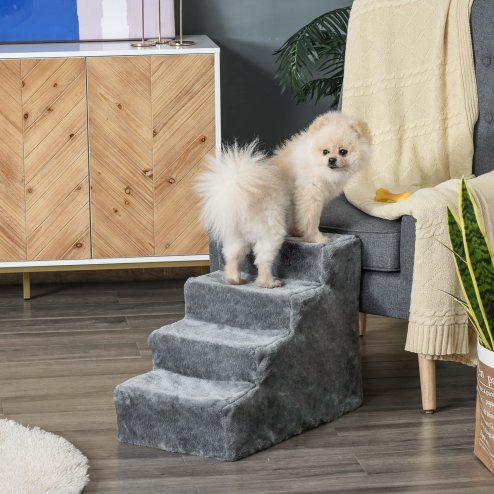 PawHut Dog Steps for Sofa, 4 Steps Dog Stairs, Pet Stairs, with Washable Plush Cover, for Small Breeds, Cats - Light Grey