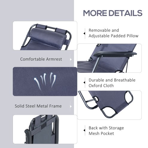 Outsunny 2 in 1 Folding Sun Lounger Reclining Garden Chair with 2-Level Adjustable Backrest, Outdoor Zero Gravity Recliner Garden Chair with Head Pillow and Armrests, Grey