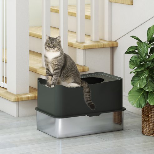 PawHut Stainless Steel Litter Box, Extra Large Enclosed Cat Litter Tray with Scoop, Top Entrance, Non-slip Pads, Easy to Clean & Never Absorbs Odors, Dark Grey