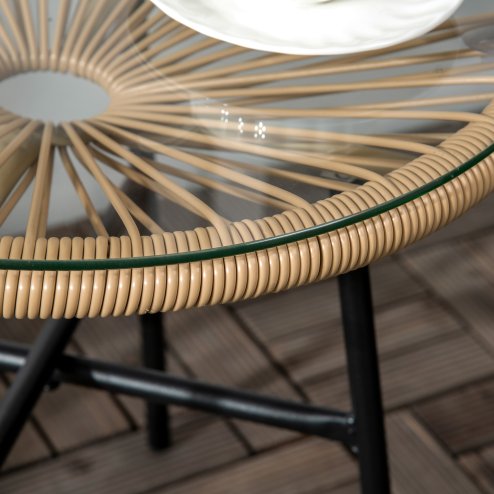 Outsunny Rattan Side Table, Round Outdoor Coffee Table, with Round PE Rattan and Tempered Glass Tabletop for Patio, Garden, Balcony, Beige