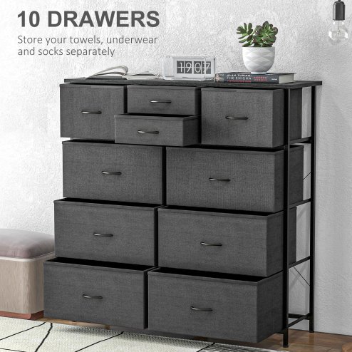 HOMCOM Chest of Drawers for Bedroom, Fabric Dresser, 10 Drawer Storage Organizer Unit with Foldable Drawers and Steel Frame