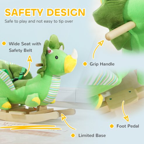 AIYAPLAY Rocking Animal, Dinosaur Themed Rocking Ride on with Animal Sounds, Safety Belt, Wooden Base, Pedal, for Toddlers 18-36 Months, Green