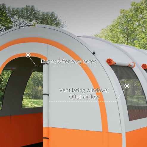 Outsunny 5-6 Man Camping Tent, 3000mm Waterproof Tunnel Family Tent Shelter with Bedroom and Adjustable Living Room, Easy Setup with Carry Bag, Cream and Orange