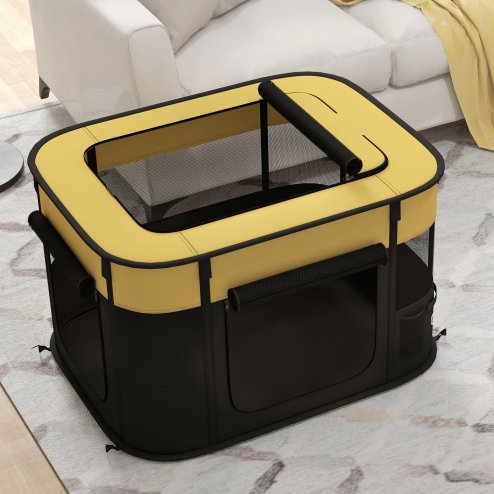 PawHut Dog Pen, Pet Playpen, Portable Foldable Dog Cat Playpen Soft Pet Cage with Storage Bag for Puppies, Rabbits, Kittens, Guinea Pigs, 84 x 64 x 53cm - Yellow